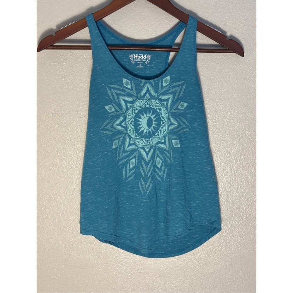 Mudd Tank Top Women Small Teal Blue Sun Moon Racerback Graphic Boho Relaxed Fit